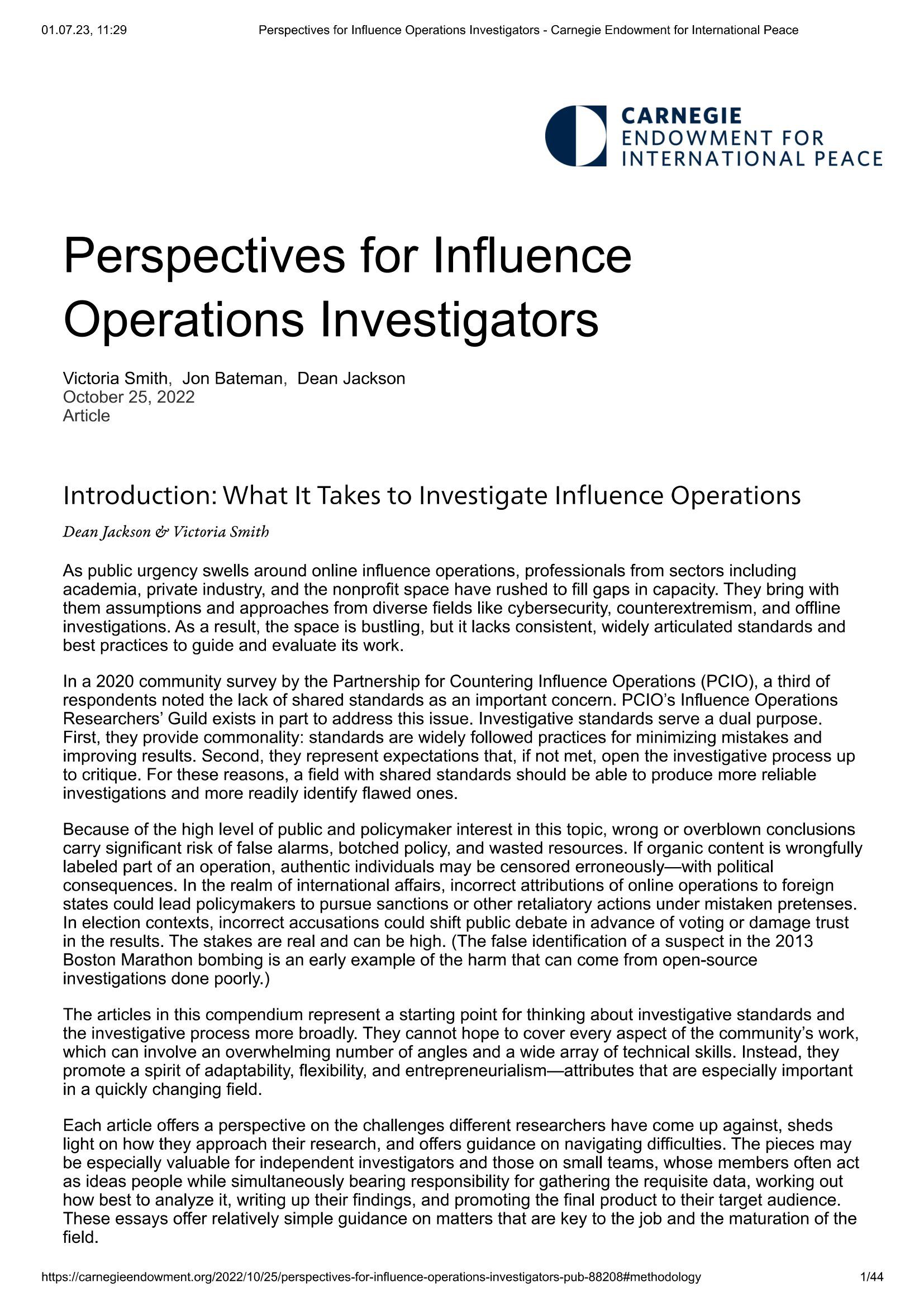 Perspectives for Influence Operations Investigators
