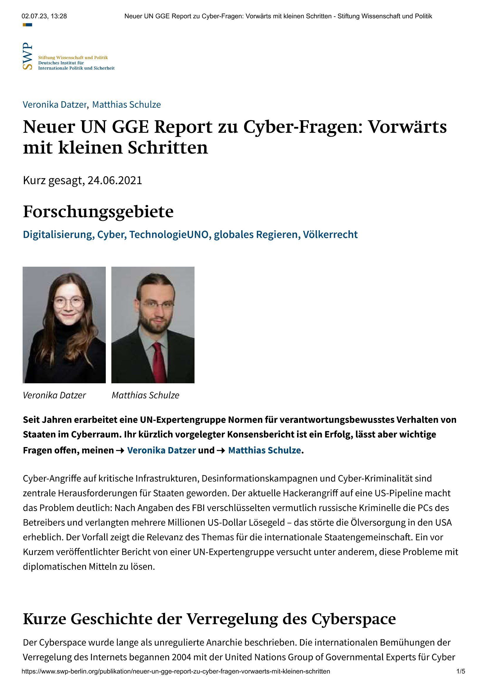 Neuer UN GGE Report zu Cyber-Fragen: Vorwärts mit kleinen Schritten