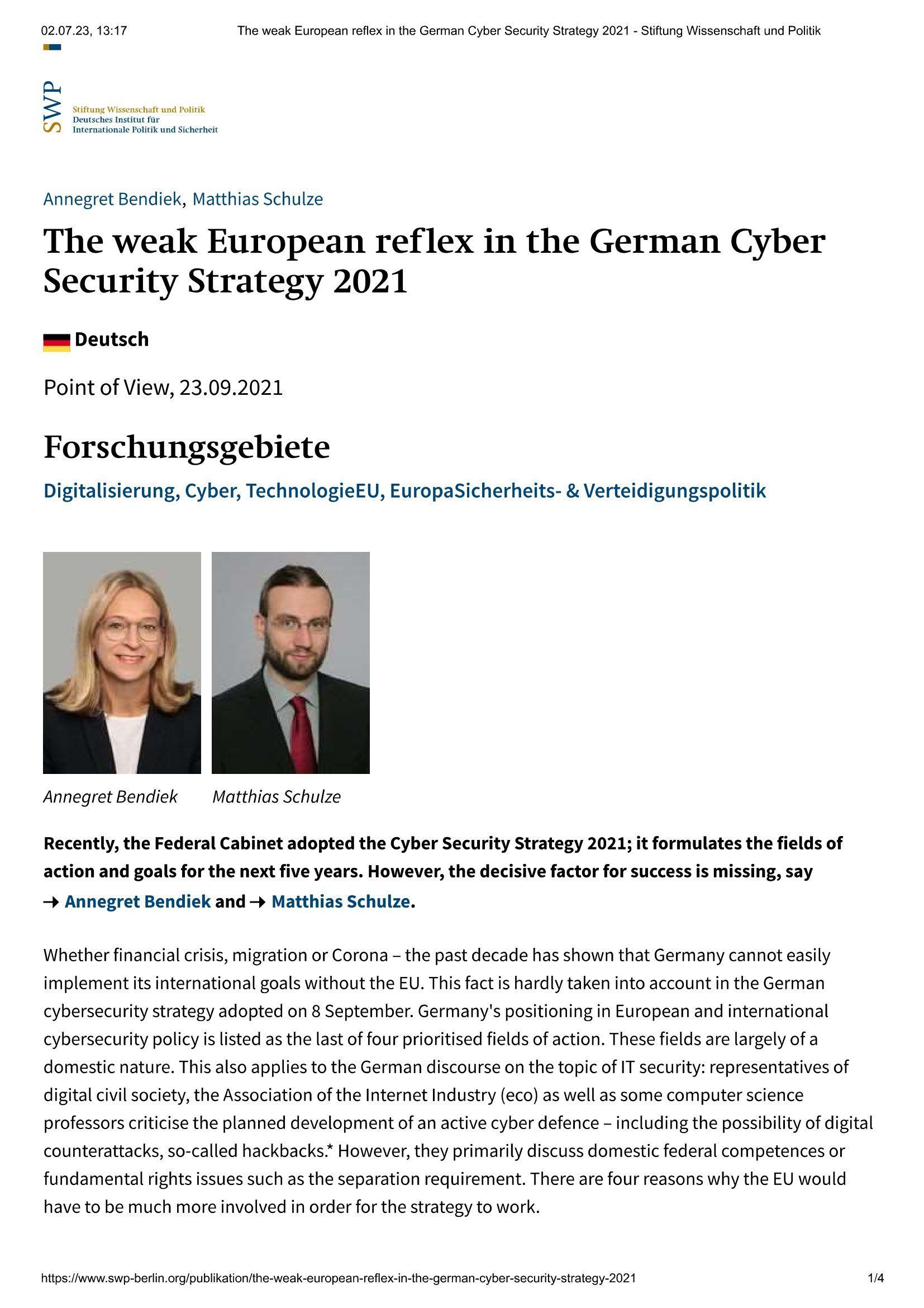 The weak European reflex in the German Cyber Security Strategy 2021