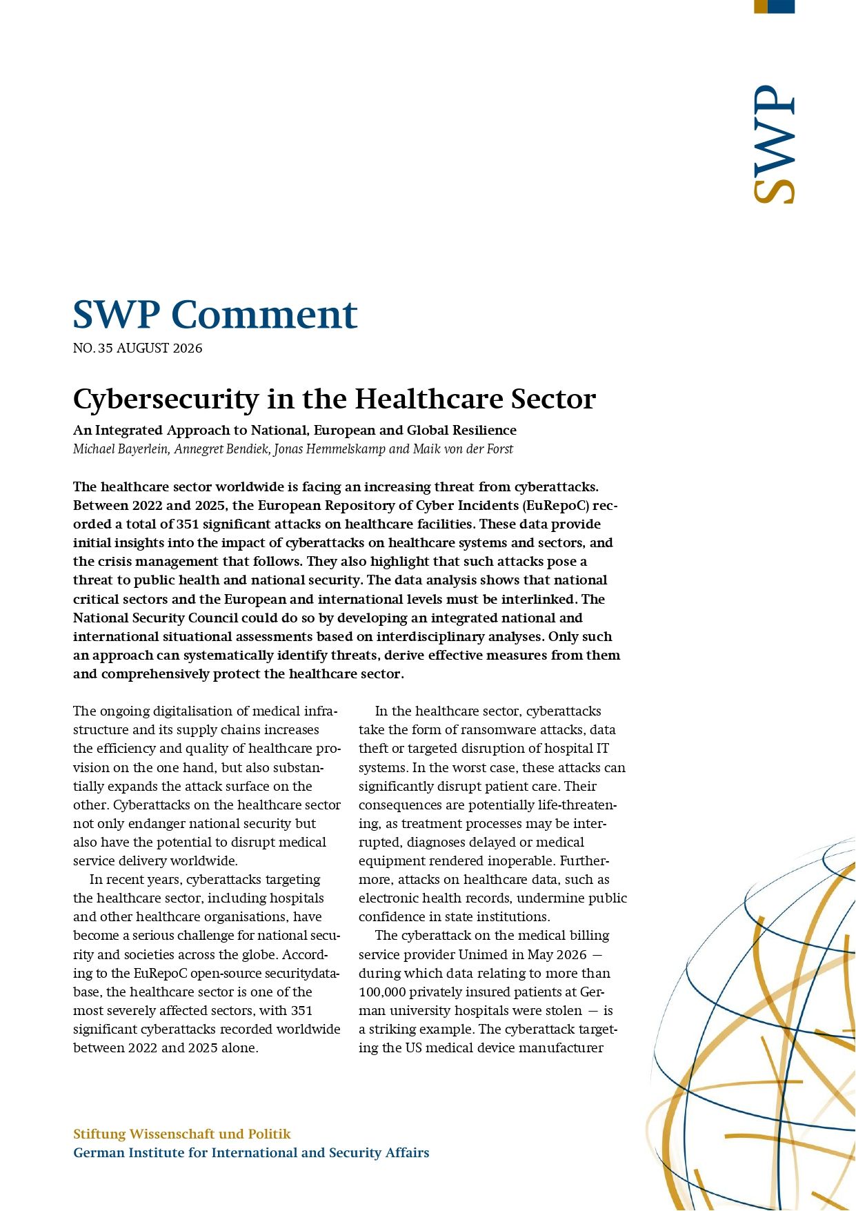 Cybersecurity in the Healthcare Sector: An Integrated Approach to National, European and Global Resilience